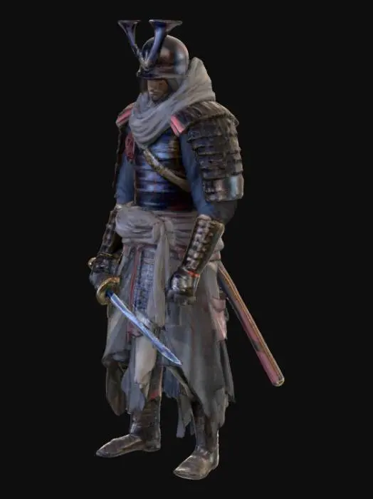 3D model for A lone battle-worn samurai standing in a misty forest, inspired by Sekiro: Shadows Die Twice. He wears torn, layered armor with cloth wraps, a tattered scarf flowing in the wind, and a prosthetic arm crafted from dark metal and wood. His katana rests unsheathed, reflecting faint moonlight. The atmosphere is cinematic and grim, with falling leaves, distant temple ruins, and an ominous silence. Hyper-detailed textures, cinematic lighting, gritty and realistic art style, dark fantasy tone, 8K resolution, ultra-realistic shadows and reflections.

