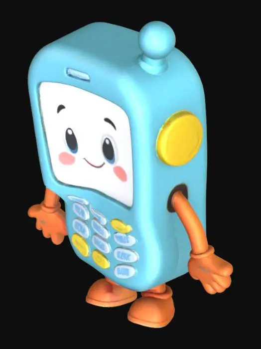 3D model for A friendly, animated cell phone character, brightly colored with a smooth, matte plastic finish. Its rounded rectangular body features a large, clear screen and distinct, simplified numeric buttons. Short, stubby legs extend from the base, equipped with visible, rounded joint locations for easy animation. Simple, cartoon-like hands protrude from the sides, also designed with clear articulation points, giving the phone a welcoming, approachable posture ideal for young children. Its surface is clean, smooth, and free of intricate textures.