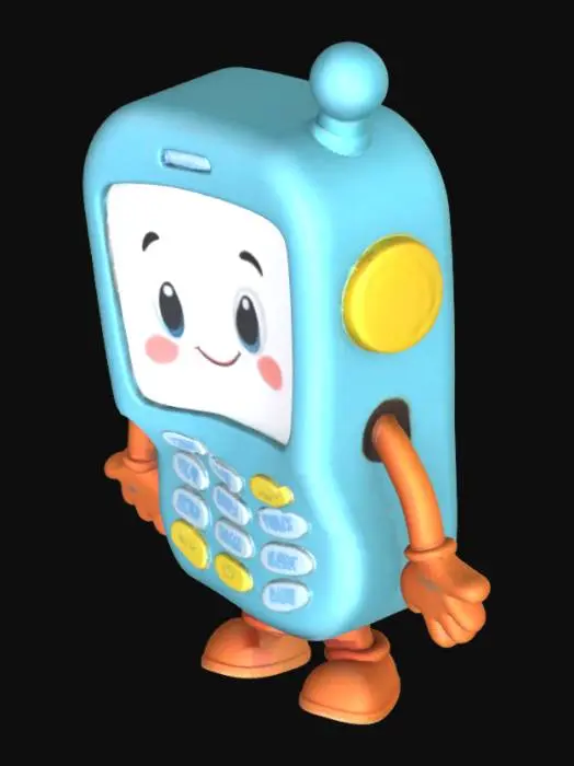 3D model for A friendly, animated cell phone character, brightly colored with a smooth, matte plastic finish. Its rounded rectangular body features a large, clear screen and distinct, simplified numeric buttons. Short, stubby legs extend from the base, equipped with visible, rounded joint locations for easy animation. Simple, cartoon-like hands protrude from the sides, also designed with clear articulation points, giving the phone a welcoming, approachable posture ideal for young children. Its surface is clean, smooth, and free of intricate textures.