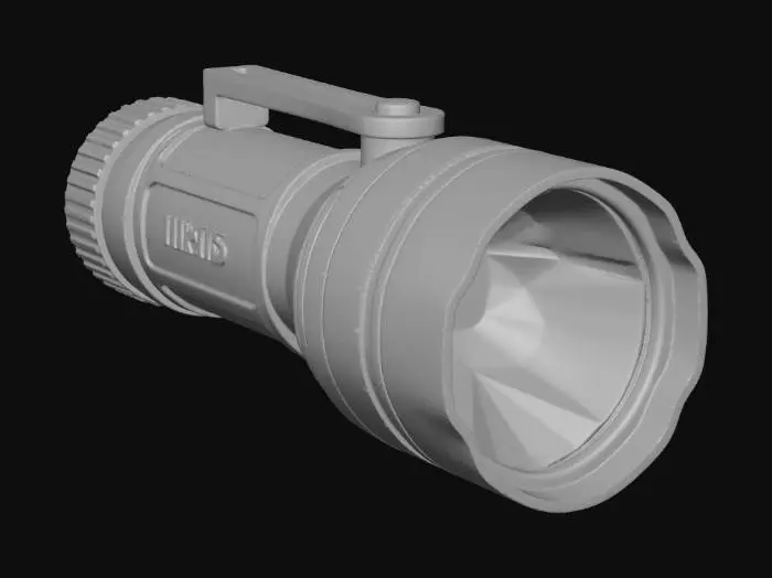 3D model for A realistic handheld tactical flashlight used in a horror game, black metal body with light scratches and grime, realistic PBR textures, worn edges, rubber grip, glass lens, photorealistic, dark industrial style, game-ready low poly, neutral lighting, no background.”