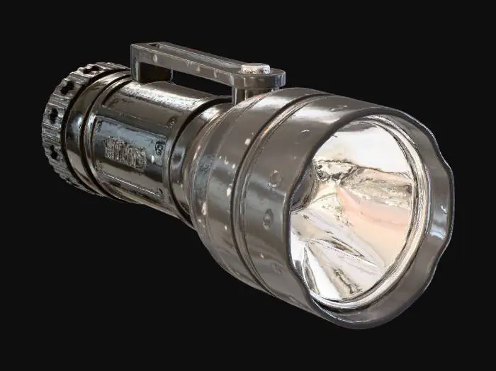 3D model for A realistic handheld tactical flashlight used in a horror game, black metal body with light scratches and grime, realistic PBR textures, worn edges, rubber grip, glass lens, photorealistic, dark industrial style, game-ready low poly, neutral lighting, no background.”