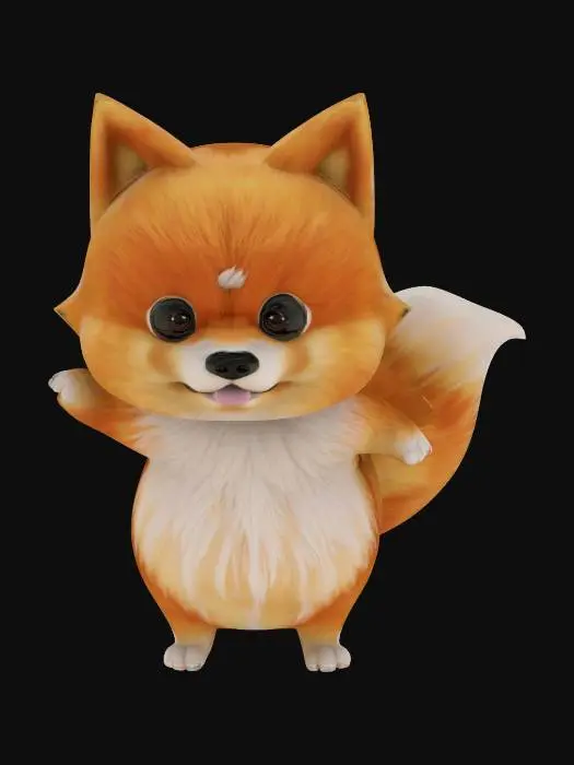 3D model for A stylized, biped cartoon dog character inspired by a male orange Pomeranian with white front legs. The character is standing upright on two legs like a mascot or anthropomorphic animal. He has fluffy orange fur, expressive black eyes, and a small, fox-like face. The front paws are turned into small arms with finger-like structure, and he has a playful and mischievous facial expression. The tail is fluffy and curled over the back. The model is designed for 3D animation and video game use, with clean topology, clear UV mapping, and full-body symmetry. No clothes, just natural fur and features. Put the model into a T-pose with arms straight to the sides.


