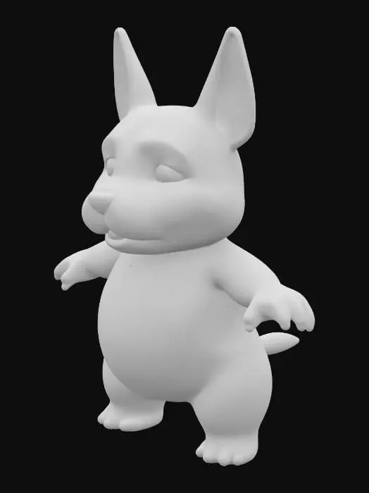 3D model for A stylized, biped cartoon dog character inspired by a female blue sable French Bulldog. The character stands upright on two legs like a human or a mascot. She has a muscular, stocky body, large bat-like ears, a short snout, and a cute pouty expression. Her fur is a mix of bluish gray and tan tones (blue sable), with a small curled tail. The front legs are converted to short arms with fingers, and her stance is confident and adorable. Her face is expressive and slightly cheeky. The model is designed for animation and video games, with clean topology, full-body symmetry, and proper UV mapping. No clothing. **Put the model into a T-pose with both arms extended straight out horizontally.**

