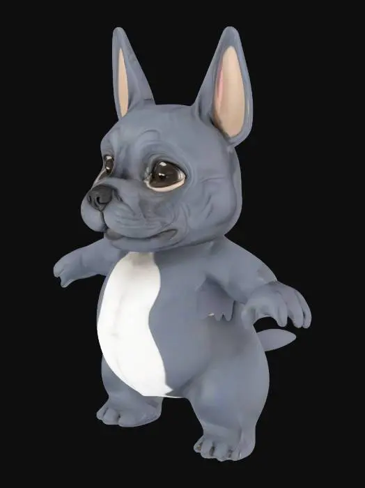 3D model for A stylized, biped cartoon dog character inspired by a female blue sable French Bulldog. The character stands upright on two legs like a human or a mascot. She has a muscular, stocky body, large bat-like ears, a short snout, and a cute pouty expression. Her fur is a mix of bluish gray and tan tones (blue sable), with a small curled tail. The front legs are converted to short arms with fingers, and her stance is confident and adorable. Her face is expressive and slightly cheeky. The model is designed for animation and video games, with clean topology, full-body symmetry, and proper UV mapping. No clothing. **Put the model into a T-pose with both arms extended straight out horizontally.**

