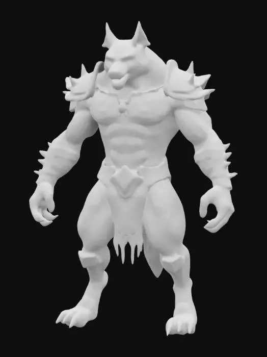 3D model for a creature that resembles a werewolf or a fantasy warrior. It has a muscular humanoid body with fur covering its skin, predominantly in shades of brown. The creature's face is fierce and animalistic, with pointed ears and sharp teeth. It is wearing a suit of armor that appears to be made of leather and metal, with intricate designs and spikes.