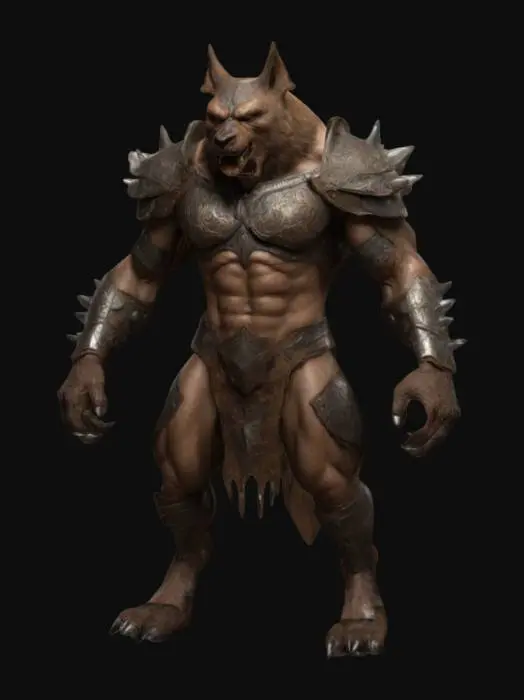 3D model for a creature that resembles a werewolf or a fantasy warrior. It has a muscular humanoid body with fur covering its skin, predominantly in shades of brown. The creature's face is fierce and animalistic, with pointed ears and sharp teeth. It is wearing a suit of armor that appears to be made of leather and metal, with intricate designs and spikes.