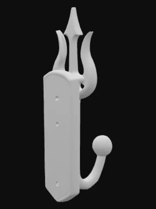 3D model for Wall hook shaped like Poseidon’s trident, minimalist and sturdy. One-piece model with a flat rectangular backplate for wall mounting (90 mm tall × 45 mm wide × 6 mm thick). Two countersunk mounting holes Ø4.5 mm spaced 60 mm vertically, centered. From the backplate center emerges a single strong hook arm 30 mm long with 8 mm thickness, 5 mm upward tilt and rounded end; the trident head is a shallow front relief (not separate spikes) to avoid thin tips. All external edges filleted to 1.5–2 mm. Avoid undercuts and steep overhangs; ensure continuous solid geometry, manifold mesh, closed watertight STL. No textures, no hollow shells. Clean, printable, low-poly to mid-poly, functional design for 3D printing.Poseidon trident icon as embossed relief on the backplate. Keep thicknesses ≥3 mm; 