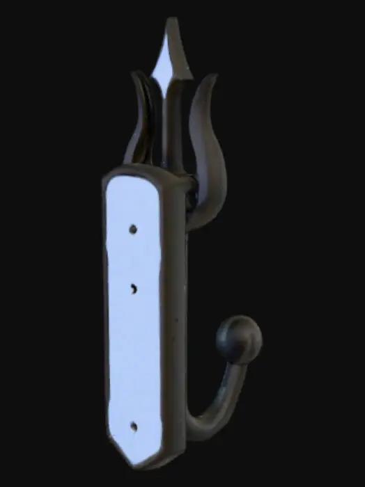 3D model for Wall hook shaped like Poseidon’s trident, minimalist and sturdy. One-piece model with a flat rectangular backplate for wall mounting (90 mm tall × 45 mm wide × 6 mm thick). Two countersunk mounting holes Ø4.5 mm spaced 60 mm vertically, centered. From the backplate center emerges a single strong hook arm 30 mm long with 8 mm thickness, 5 mm upward tilt and rounded end; the trident head is a shallow front relief (not separate spikes) to avoid thin tips. All external edges filleted to 1.5–2 mm. Avoid undercuts and steep overhangs; ensure continuous solid geometry, manifold mesh, closed watertight STL. No textures, no hollow shells. Clean, printable, low-poly to mid-poly, functional design for 3D printing.Poseidon trident icon as embossed relief on the backplate. Keep thicknesses ≥3 mm; 