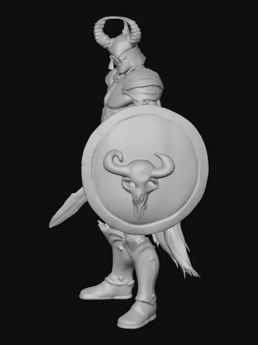 3D model for Un guerrero musculoso con una pose dinámica de ataque, empuñando una espada curva y un escudo circular. Lleva una armadura de placas rojas brillantes en los hombros y el pecho, complementada con un casco azul oscuro con cuernos claros y guanteletes a juego. Sus piernas musculosas tienen tatuajes espirales azules y está adornado con un taparrabos dorado y botas azules con adornos de piel. El escudo presenta un cráneo con cuernos en el centro y bordes metálicos verdosos con inscripciones, sugiriendo una textura robusta y antigua.