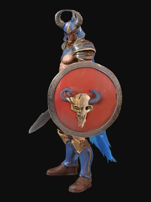 3D model for Un guerrero musculoso con una pose dinámica de ataque, empuñando una espada curva y un escudo circular. Lleva una armadura de placas rojas brillantes en los hombros y el pecho, complementada con un casco azul oscuro con cuernos claros y guanteletes a juego. Sus piernas musculosas tienen tatuajes espirales azules y está adornado con un taparrabos dorado y botas azules con adornos de piel. El escudo presenta un cráneo con cuernos en el centro y bordes metálicos verdosos con inscripciones, sugiriendo una textura robusta y antigua.