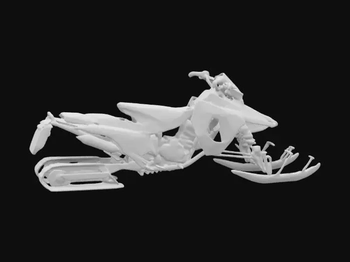 3D model for Create a 3D model of Alex’s 2023 Polaris 850 SKS snowmobile, designed for a daredevil. The snowmobile features a sleek, high-performance body with sharp lines, painted in a fierce metallic black. Highlight the vibrant green snake graphics that cascade down the sides, embodying an edgy style. Emphasize the track, designed for agility and speed, along with enhanced suspension that allows for thrilling stunts. Capture the essence of adventure and adrenaline in its design for extreme racing.