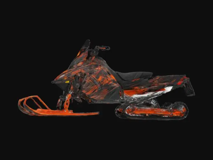 3D model for Create a 3D model of Alex’s 2023 Polaris 850 SKS snowmobile, designed for a daredevil. The snowmobile features a sleek, high-performance body with sharp lines, painted in a fierce metallic black. Highlight the vibrant flame snake graphics that cascade down the sides, embodying an edgy style. 