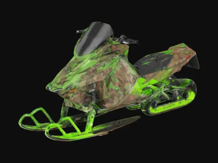 3D model for a 3D model of a 2018 Arctic Cat ZR 6000 snowmobile. The sled should be customized in a stylish camo pattern paintjob featuring shades of green and brown.