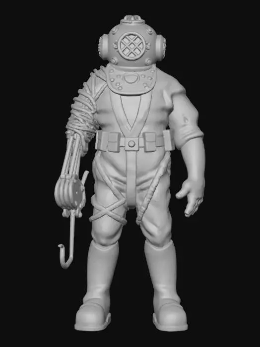 3D model for quiero hacer un personaje cyberpunk con el estilo artistico del personaje de la imagen y que se haga relevancia sobre que uno de sus brazos es metalico con un anzuelo