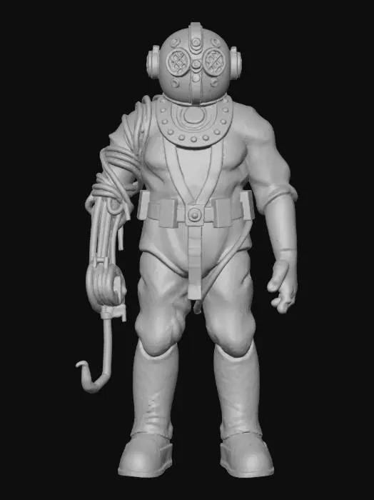 3D model for quiero hacer un personaje cyberpunk con el estilo artistico del personaje de la imagen y que se haga relevancia sobre que uno de sus brazos es metalico con un anzuelo