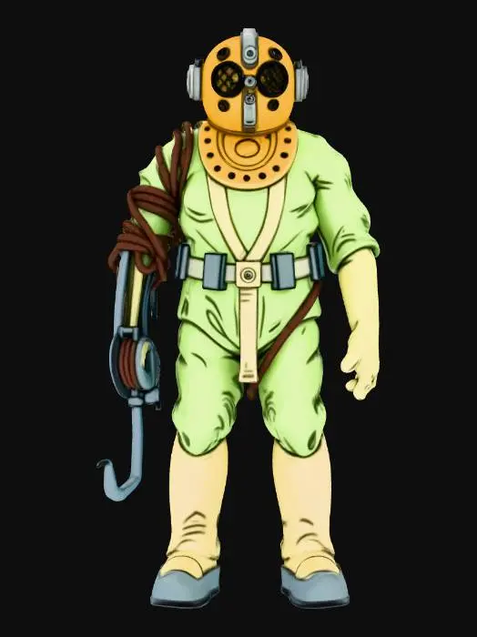 3D model for quiero hacer un personaje cyberpunk con el estilo artistico del personaje de la imagen y que se haga relevancia sobre que uno de sus brazos es metalico con un anzuelo