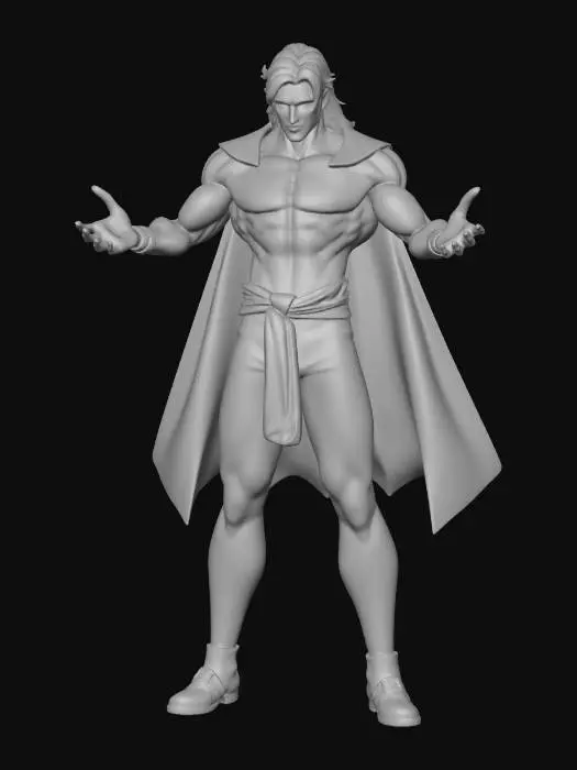 3D model for A striking 3D character model showcasing a powerful male with a lean, chiseled physique. His intense gaze is framed by long dark hair, emphasizing his glowing green eyes and strong facial features. He wears black leather trousers and a multi-layered belt detailed with various silver hardware, including buckles, eyelets, and intricate dark metallic ornaments. A rugged leather bracer on one arm adds to his formidable presence under dramatic, high-contrast lighting. Full body, head to toes. Black leather boots.