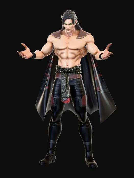 3D model for A striking 3D character model showcasing a powerful male with a lean, chiseled physique. His intense gaze is framed by long dark hair, emphasizing his glowing green eyes and strong facial features. He wears black leather trousers and a multi-layered belt detailed with various silver hardware, including buckles, eyelets, and intricate dark metallic ornaments. A rugged leather bracer on one arm adds to his formidable presence under dramatic, high-contrast lighting. Full body, head to toes. Black leather boots.