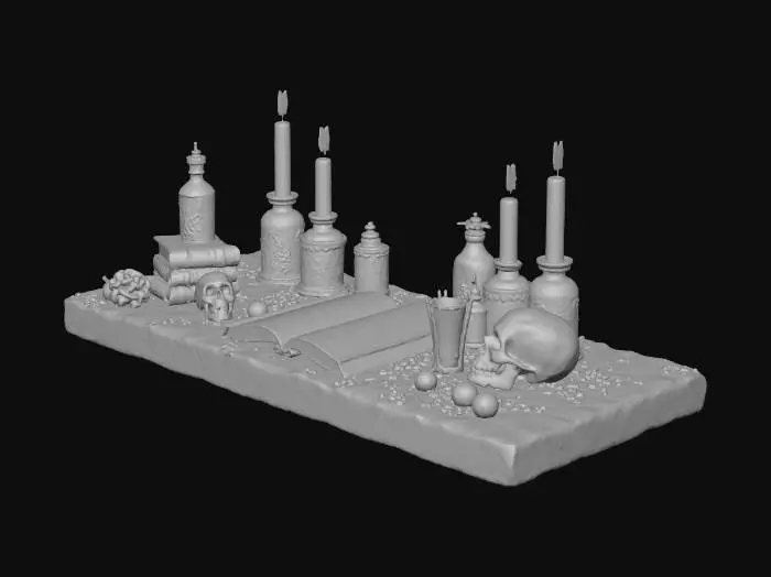 3D model for A witch’s desk full of magic potions, ancient spell books, glowing candles, skulls and mystical symbols, fantasy environment, dark and detailed #Halloween2025#