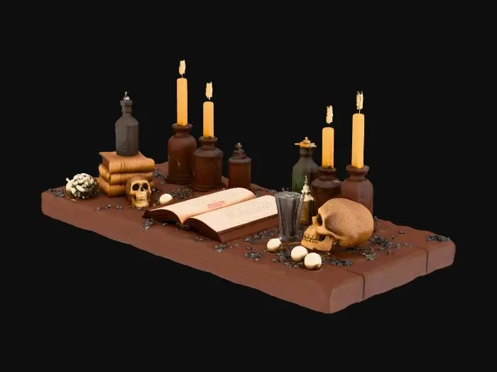 3D model for A witch’s desk full of magic potions, ancient spell books, glowing candles, skulls and mystical symbols, fantasy environment, dark and detailed #Halloween2025#