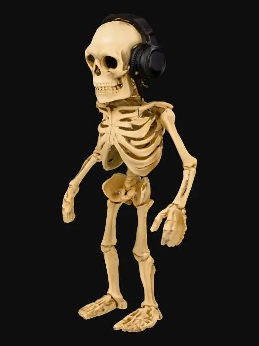 3D model for A funny skeleton DJ wearing headphones, standing behind a turntable with glowing neon lights, Halloween party atmosphere, spooky yet playful vibe #Halloween2025#