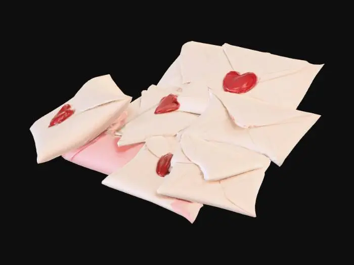 3D model for A pile of oversized realistic envelopes, pure white paper texture, each envelope sealed with a glossy red heart-shaped wax seal. Arranged artistically against a wall, playful and romantic installation decor, highly detailed, realistic lighting and shadows