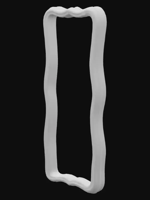 3D model for A wavy full-length mirror with a pastel pink, soft, curvy frame. Modern, cute, aesthetic design. Placed against a light wall, kawaii and minimal style.

