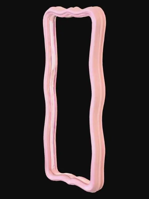 3D model for A wavy full-length mirror with a pastel pink, soft, curvy frame. Modern, cute, aesthetic design. Placed against a light wall, kawaii and minimal style.

