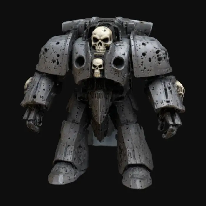 3D model for warhammer 40k, Legion of the Damned Dreadnought, Highres, Highly detailed, Dreadnaught, ripped metal, bullet holes, skull decorations, fire decorations, scratch metal, 3D Printing model
