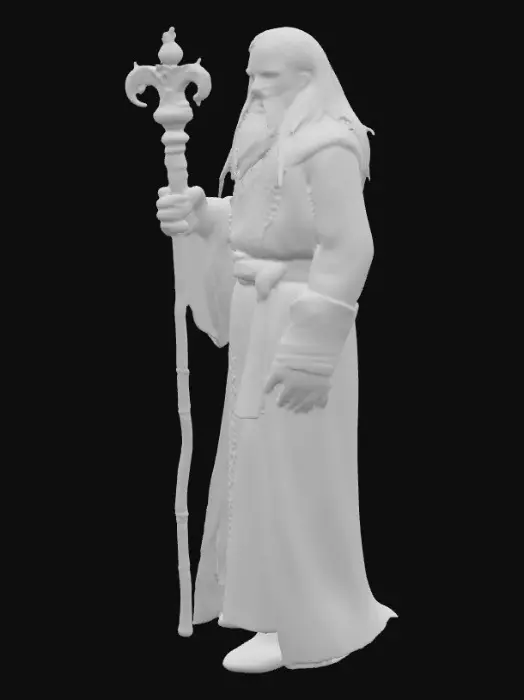 3D model for Uzun beyaz saçlı ve uzun sakallı yaşlı bir adam , elinde bir gösterişli büyülü bir asa var , üzerinde ise siyah uzun bir kostüm, ellerinde ise siyah deri eldiven, gözleri tamamen kırmızı olsun 