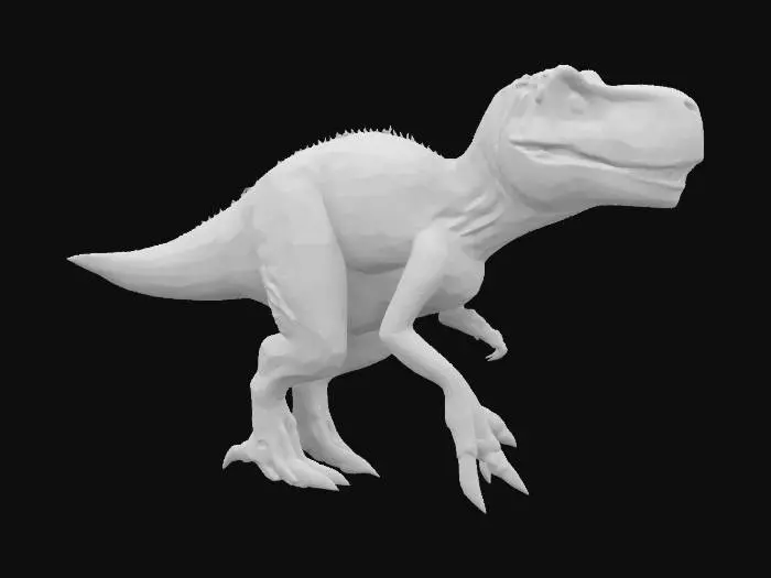 3D model for "A highly detailed 3D model of a Tyrannosaurus rex, fully textured with realistic feathern, sharp teeth, and powerful muscles. The model should have accurate proportions based on paleontological studies, with a dynamic pose—either roaring or mid-stride. The eyes should be fierce and lifelike, with detailed reflections. The model should be optimized for use in animation and game development, with clean topology and UV mapping. Render in 4K with realistic lighting."