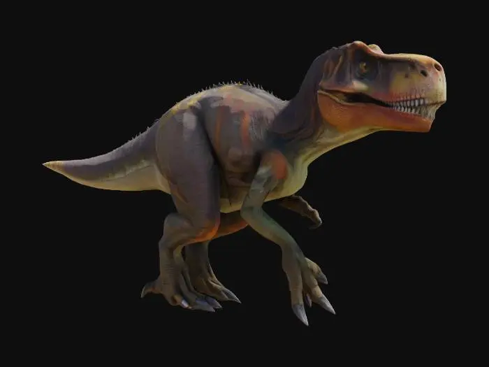 3D model for "A highly detailed 3D model of a Tyrannosaurus rex, fully textured with realistic feathern, sharp teeth, and powerful muscles. The model should have accurate proportions based on paleontological studies, with a dynamic pose—either roaring or mid-stride. The eyes should be fierce and lifelike, with detailed reflections. The model should be optimized for use in animation and game development, with clean topology and UV mapping. Render in 4K with realistic lighting."