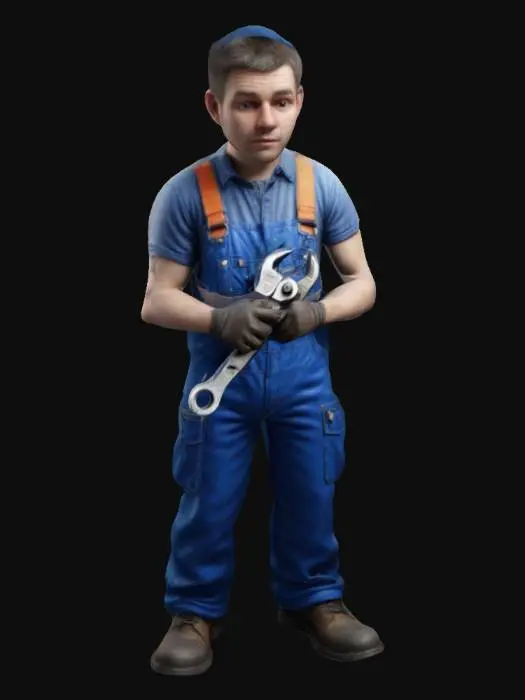 3D model for realistic worker with blue overall and a wrench in his hand