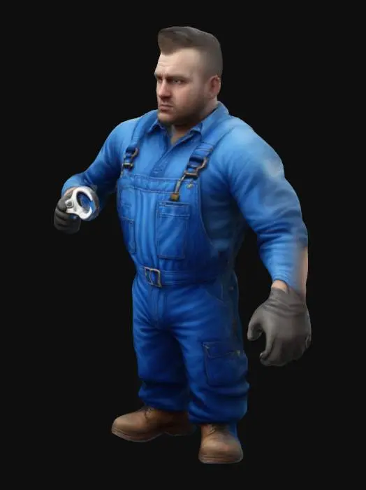 3D model for realistic worker with blue overall and a wrench in his hand