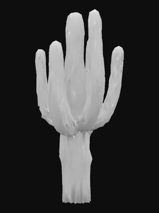 3D model for Full-body portrait of a tall saguaro cactus in a rugged Wild West setting from 1873. The cactus stands upright with multiple thick arms reaching toward the sky, each covered in a rough, green skin with clusters of long, dark spines that cast shadows on its surface. Small scars and natural imperfections are visible along its ridges, giving a realistic aged look. The base of the cactus is rooted in dry, cracked earth with a scattering of pebbles and sparse, low-lying desert plants nearby.