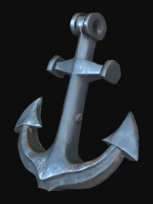 3D model for A large low-poly anchor made of dark, rusted metal, approximately 2 to 3 meters in size. It rapidly drops from above the water surface, creating bubbles and a splash effect. The anchor appears heavy and impactful. After landing, it remains fixed on the sea floor. Designed to signal the arrival of a massive ship in a 3D mobile game environment.