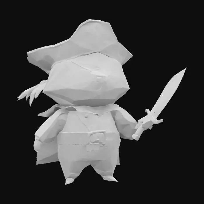 3D model for Origami paper sloth dressed like a pirat, made of recycling colorful newspaper, chibi style, lowpoly,