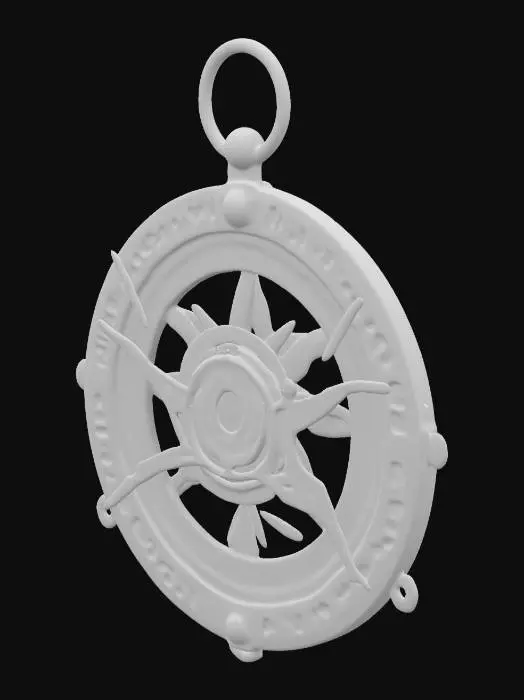 3D model for A powerful sleigh compass crafted from gleaming brass with frosted crystal etchings. At its center, a glowing, rotating snowflake points Santa to his destination while generating a magical shield that wards off blizzards and icy winds. The rim is engraved with glowing runes that adapt to intensify its power in harsher conditions. Essential for guiding Santa through winter storms, this enchanted device ensures safe travels. , #ChristmasAdventure#