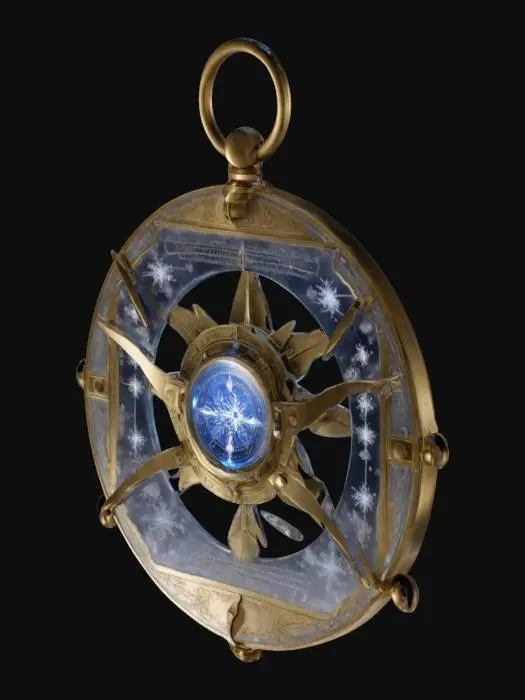 3D model for A powerful sleigh compass crafted from gleaming brass with frosted crystal etchings. At its center, a glowing, rotating snowflake points Santa to his destination while generating a magical shield that wards off blizzards and icy winds. The rim is engraved with glowing runes that adapt to intensify its power in harsher conditions. Essential for guiding Santa through winter storms, this enchanted device ensures safe travels. , #ChristmasAdventure#