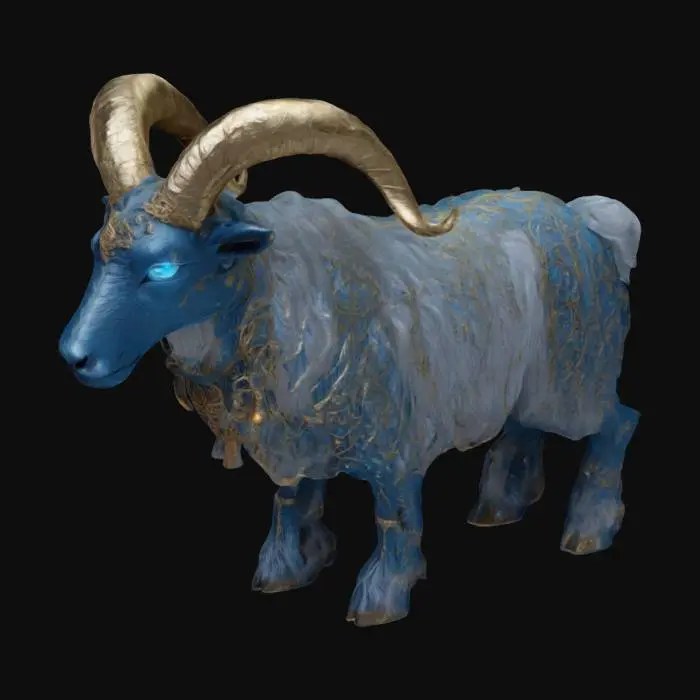 3D model for A majestic Yule Goat from Scandinavian folklore, reimagined with golden, twisted horns that shimmer faintly and fur made of silver threads flowing like soft flames. Its glowing blue eyes exude wisdom, while glowing runes light up the snowy ground with every step. Adorned with intricate Nordic patterns, this enchanted creature embodies the protector of Christmas spirit, spreading harmony and magic wherever it roams. #ChristmasAdventure#