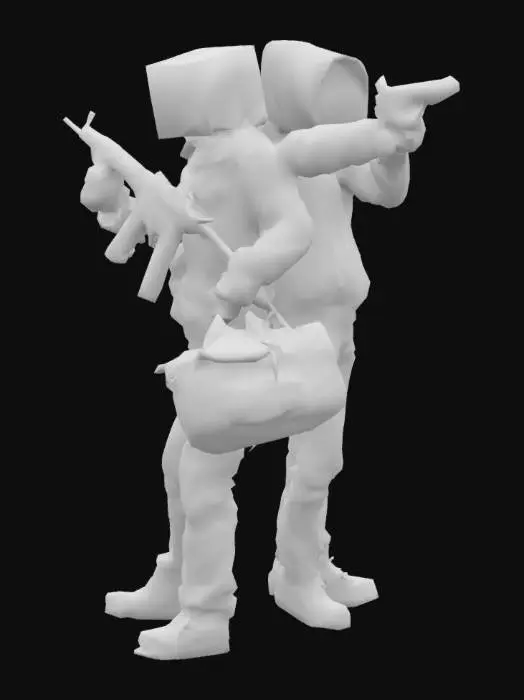 3D model for Make a person with a rubiks cube for a head and a boiler suit with duffel bag full of money and a AK47 in the process of robbing a bank accompanied by another guy with a rubiks cube for a head and a revolver wearing a hoodie aiming