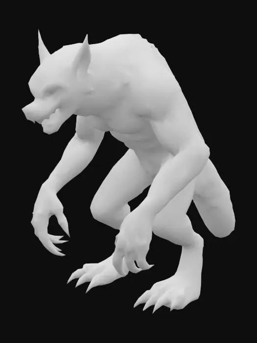 3D model for Werewolf in the style of classic EverQuest — humanoid figure with dark gray fur, glowing eyes, and long dirty claws. Bulky frame, muscular and tall, hunched posture, menacing stance. Styled with low-fantasy realism and gritty textures, ideal for a dark MMORPG world. Standing idle.