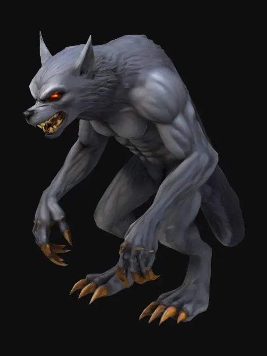 3D model for Werewolf in the style of classic EverQuest — humanoid figure with dark gray fur, glowing eyes, and long dirty claws. Bulky frame, muscular and tall, hunched posture, menacing stance. Styled with low-fantasy realism and gritty textures, ideal for a dark MMORPG world. Standing idle.