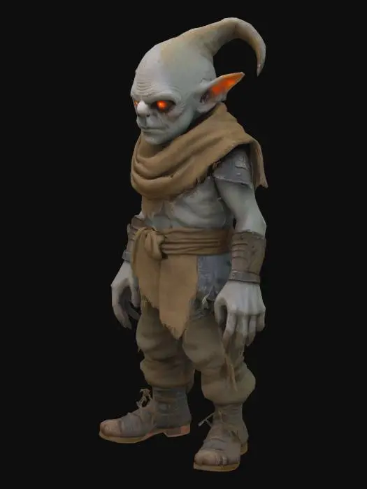 3D model for Gnome creature in the style of classic EverQuest — gaunt humanoid figure with grayish flesh, torn medieval-style armor, glowing eyes, and long dirty fingers. Wears tattered burlap and cloth armor. Styled with low-fantasy realism and gritty textures, ideal for a dark MMORPG world. Standing idle.