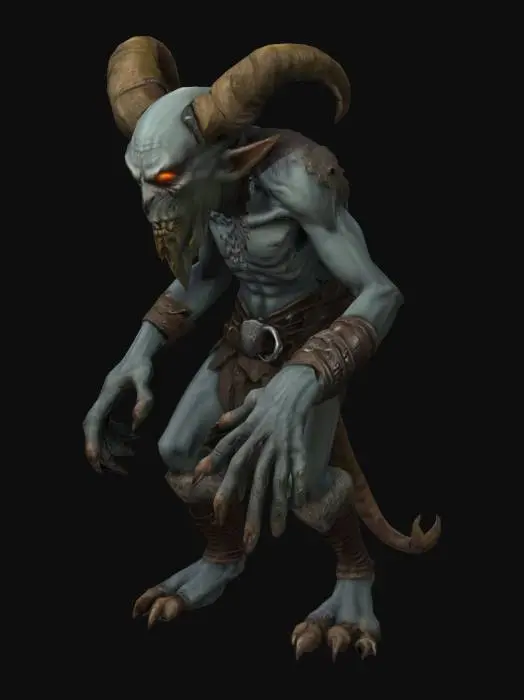 3D model for Imp creature in the style of classic EverQuest — gaunt humanoid figure with grayish flesh, torn medieval-style armor, glowing eyes, and long dirty fingers. Wears tattered fur and leather armor. Lean frame, hunched posture, slow but menacing stance. Styled with low-fantasy realism and gritty textures, ideal for a dark MMORPG world. Standing idle.