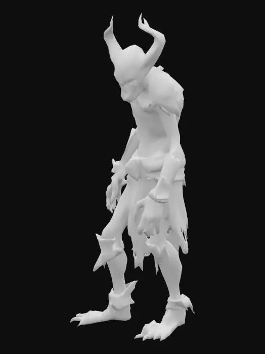 3D model for Imp creature in the style of classic EverQuest — gaunt humanoid figure with grayish flesh, torn medieval-style armor, glowing eyes, and long dirty fingers. Wears tattered fur and leather armor. Lean frame, hunched posture, slow but menacing stance. Styled with low-fantasy realism and gritty textures, ideal for a dark MMORPG world. Standing idle.