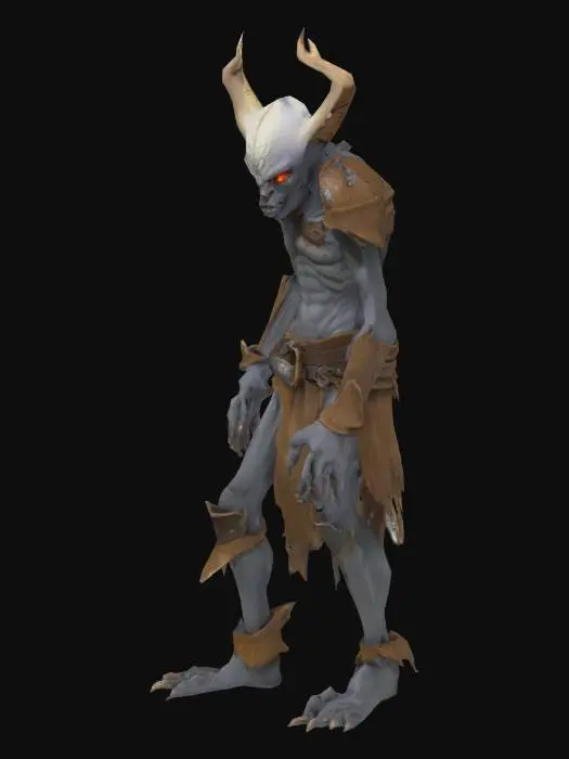 3D model for Imp creature in the style of classic EverQuest — gaunt humanoid figure with grayish flesh, torn medieval-style armor, glowing eyes, and long dirty fingers. Wears tattered fur and leather armor. Lean frame, hunched posture, slow but menacing stance. Styled with low-fantasy realism and gritty textures, ideal for a dark MMORPG world. Standing idle.