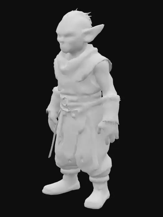 3D model for Gnome creature in the style of classic EverQuest — gaunt humanoid figure with grayish flesh, torn medieval-style armor, glowing eyes, and long dirty fingers. Wears tattered burlap and cloth armor. Styled with low-fantasy realism and gritty textures, ideal for a dark MMORPG world. Standing idle.