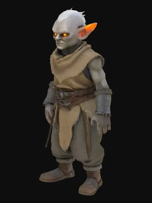 3D model for Gnome creature in the style of classic EverQuest — gaunt humanoid figure with grayish flesh, torn medieval-style armor, glowing eyes, and long dirty fingers. Wears tattered burlap and cloth armor. Styled with low-fantasy realism and gritty textures, ideal for a dark MMORPG world. Standing idle.