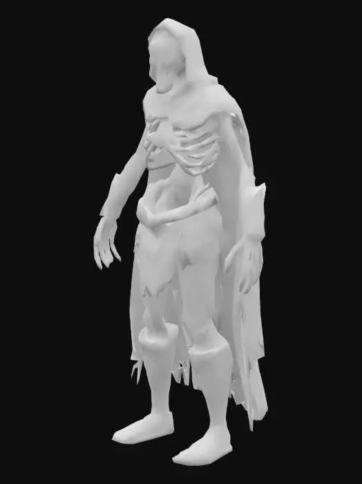 3D model for Skeleton Rogue creature in the style of classic EverQuest — gaunt humanoid figure with dirty bones, torn medieval-style armor, glowing eyes, and long fingers. Wears rugged and torn dark leather armor. Styled with low-fantasy realism and gritty textures, ideal for a dark MMORPG world. Standing idle.